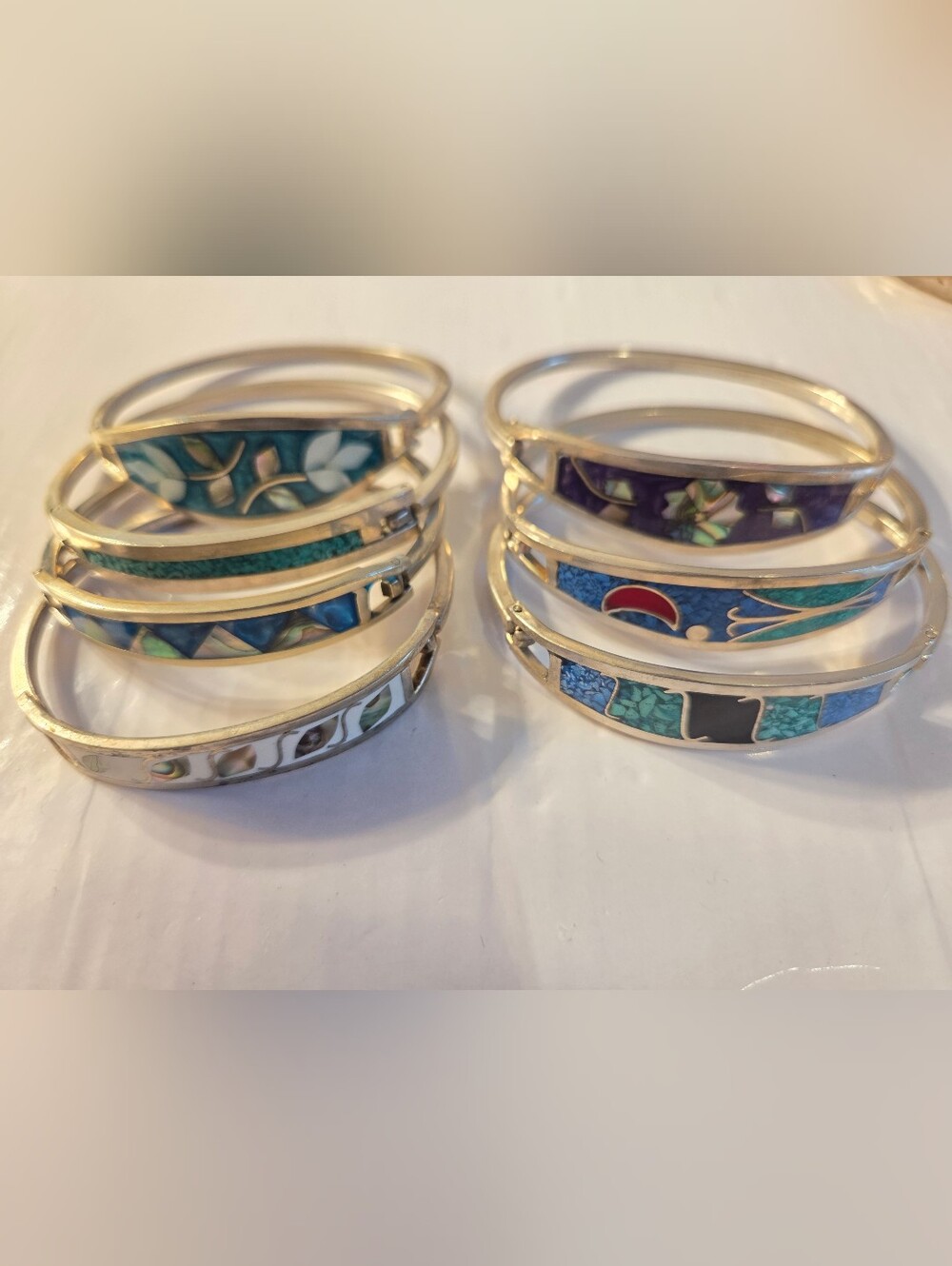 Sterling Silver Filled  Blue and Teal Inlay Bangle Bracelet - Picture 10 of 16